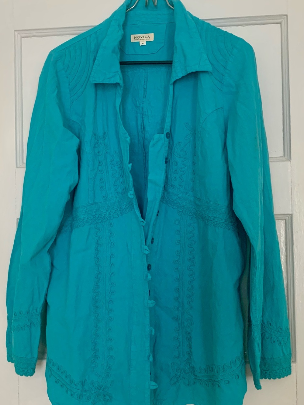 Novica Teal Embroidered Button-Down Shirt